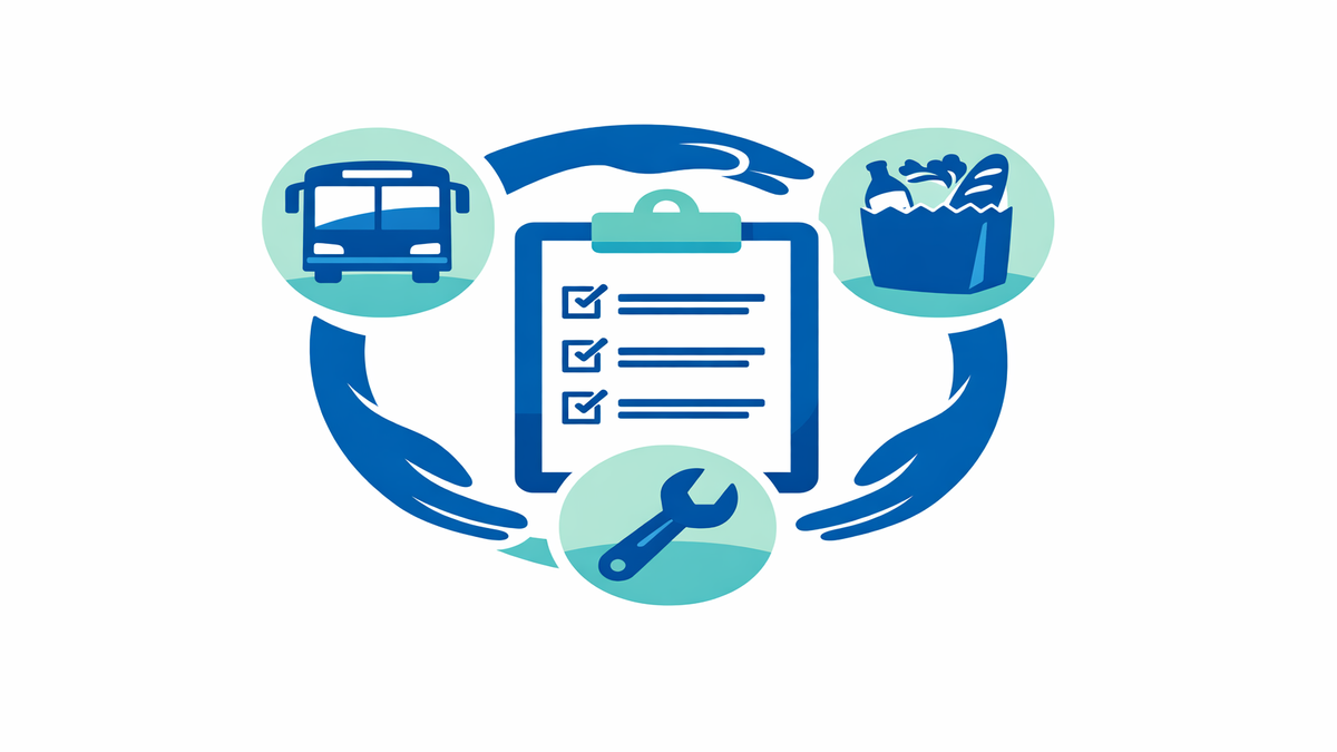 Icons representing transportation, nutrition, and housing-related community help.